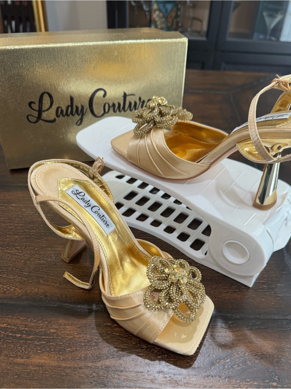 Lady Couture Gold Beaded Open-Toe Slingback Heels